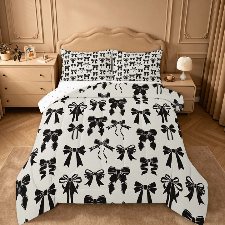 Manfei Black Bow Full Size Comforter Sets For Teens Girls,Cute Bowknot Bedding Sets Girls Bow Reversible 3-Piece