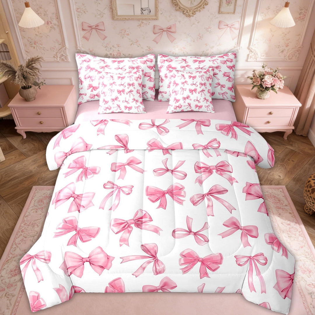 Erosebridal Princess Bowknot Kids Twin Bedding Sets, Cute Girl Bow Bedding Comforter Set, Pink, 7-Piece