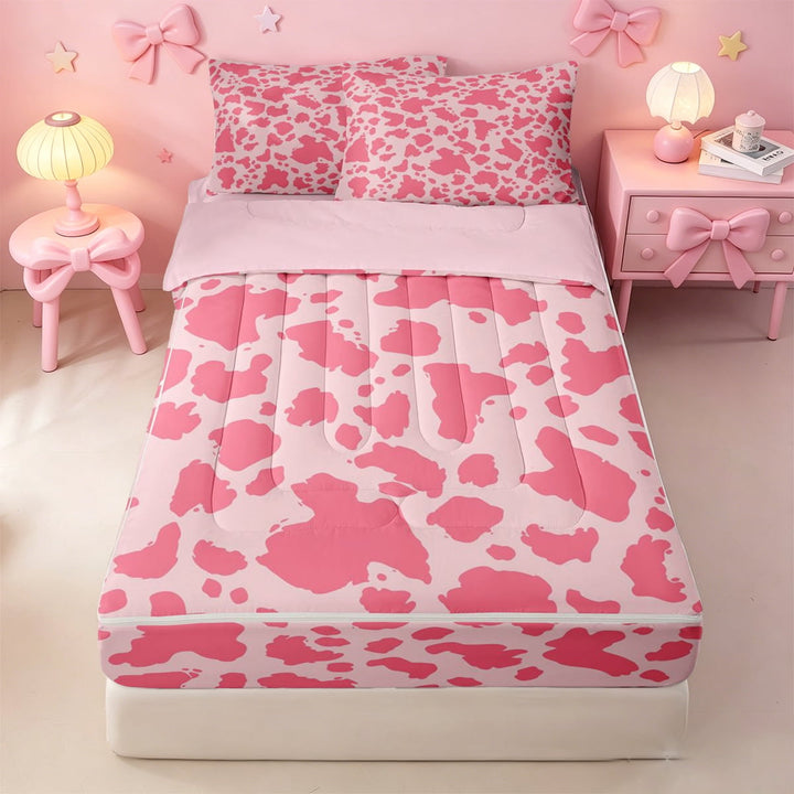meiyoeat Bright Pink Cow Print Zipper Twin Comforter Sets with Fitted Sheet and 2 Pillowcases,Cute Farm Animal Zipper Bedding Set For Girl,Reversible,4-Piece