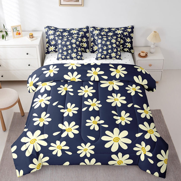 Erosebridal Light Yellow Groovy Flower Bedding King Size, Vintage Daisy Floral Duvet Set, Navy, Ultra Soft 7-Piece