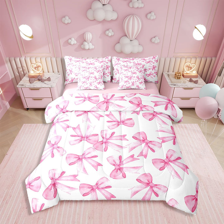Erosebridal Bowknot Decor 7 Piece Bedding Set Twin Size Pink Bow Princess Style Comforter Set with Sheets Adult Watercolor Pink Bow Bed in a Bag Girly Kawaii Bed Set