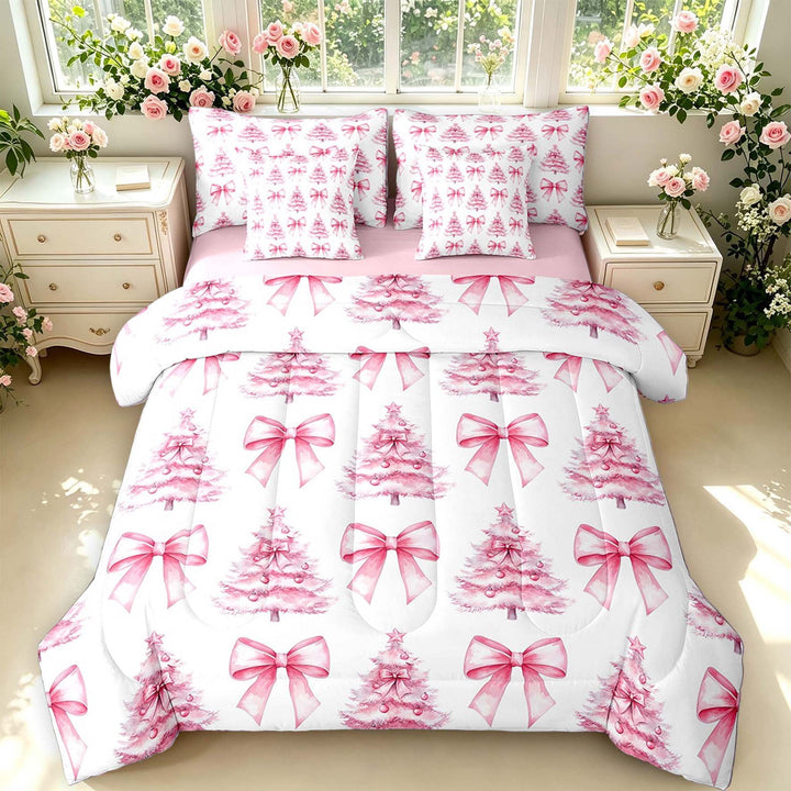 Manfei Cute Christmas Tree 7 Pieces Full Size Bedding Sets,Kawaii Bowknot Print Full Size Bed in a Bag,Pink,Pink Reversible