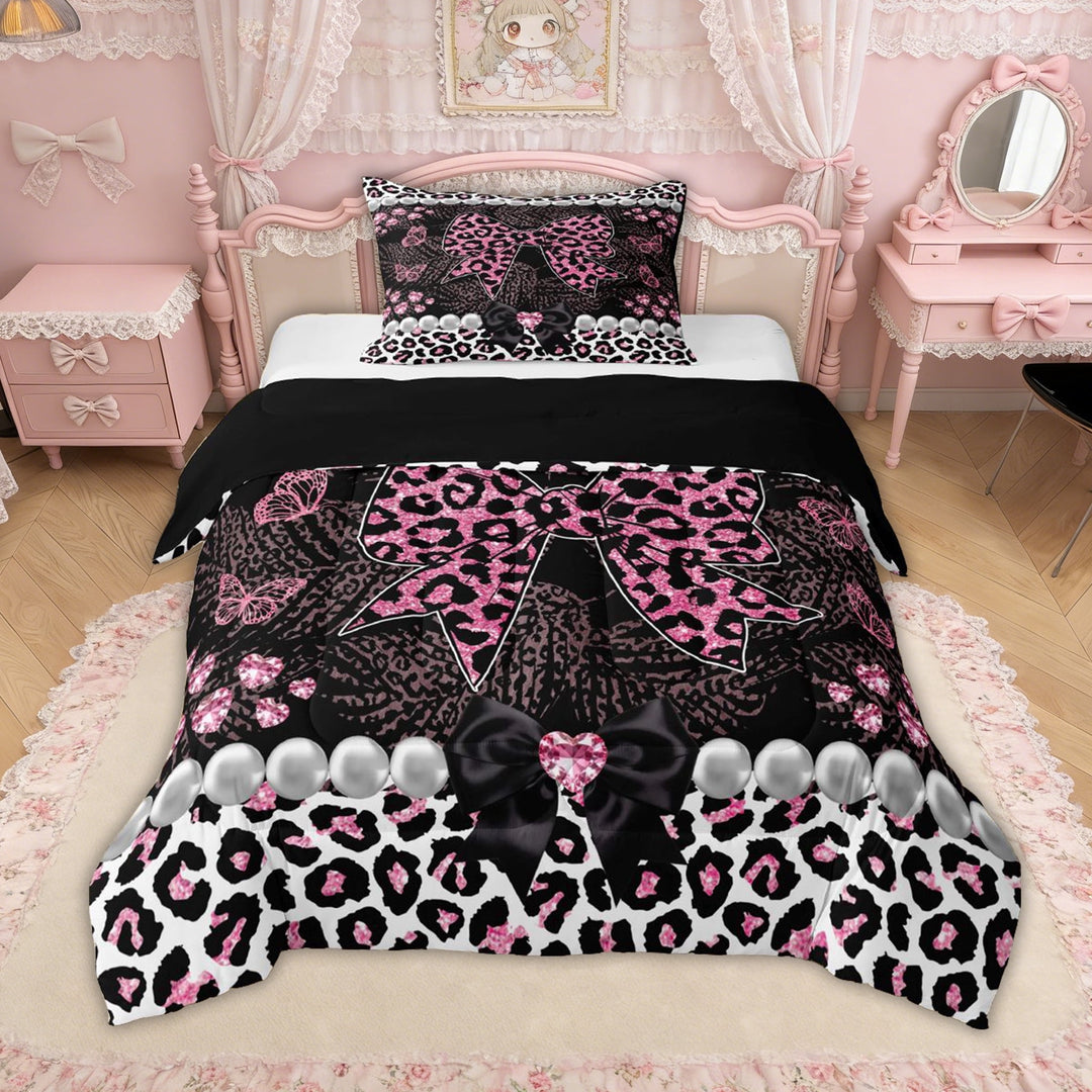 Erosebridal Leopard Print Bow Pearl Twin Comforter Sets for Girls, Pink Glitter Print Ribbon Bedding Set, Black Reversible, 2pcs