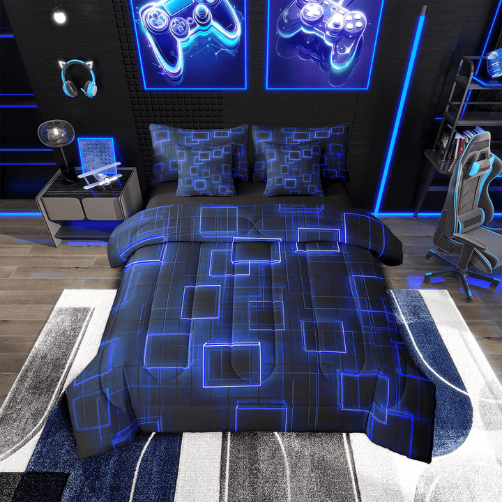 Blue Purple Geometric Comforter 7 Pieces Bed In A Bag Geometry Gradient Cubes Bedding Set Twin Size,Neon Ombre Light Sheet Set Abstract Modern Soft Flat Sheet Teens Room Decor
