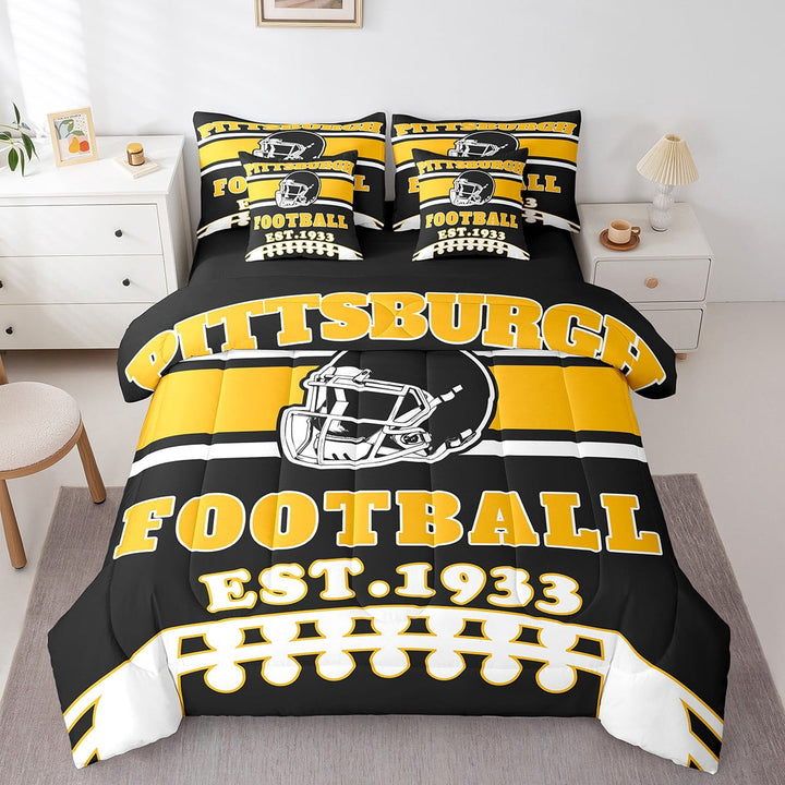 Erosebridal Football Bedding Twin Size 7pcs, Teens Room Decor, Black, Pittsburgh