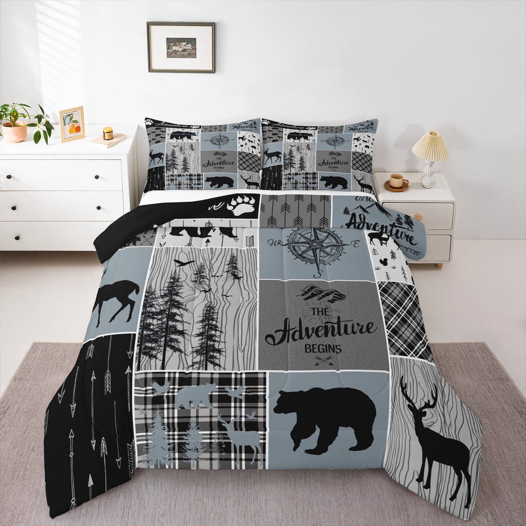 Cabin Rustic Lodge Bedding, Bear Deer Vintage Comforter Set Queen Size, Country Farmhouse Patchwork Duvet Insert Woodland Geometric Plaid Patchwork Down Comforter With 2 Pillow Cases, Grey Black