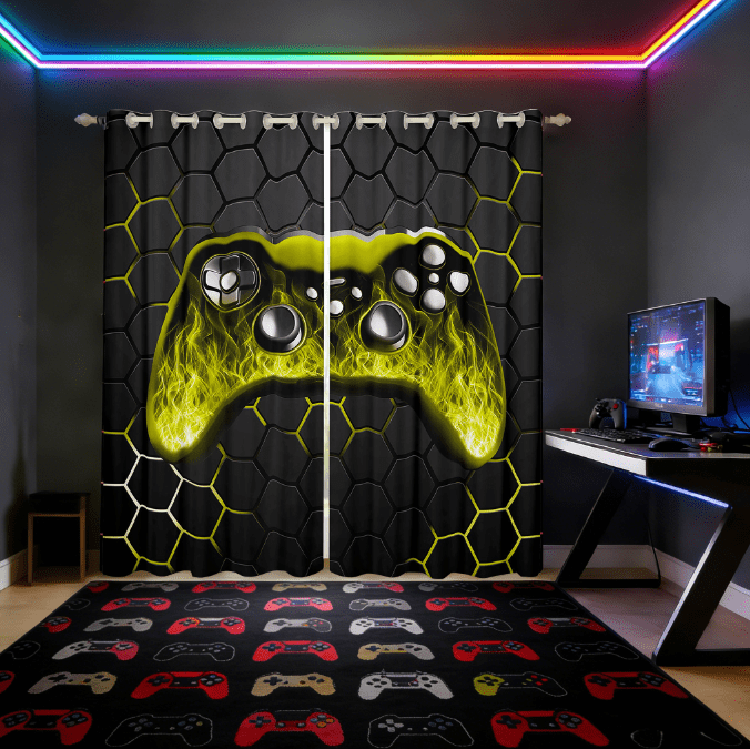 Manfei Graffiti Hippie Gamepad Curtains and Drapes (38x45),Yellow Black Ombre Blackout Curtains for Bedroom,Gamer Gaming Curtains Pack of 2 (38x45) For Boys Kids,Super Cozy Bedroom Decor