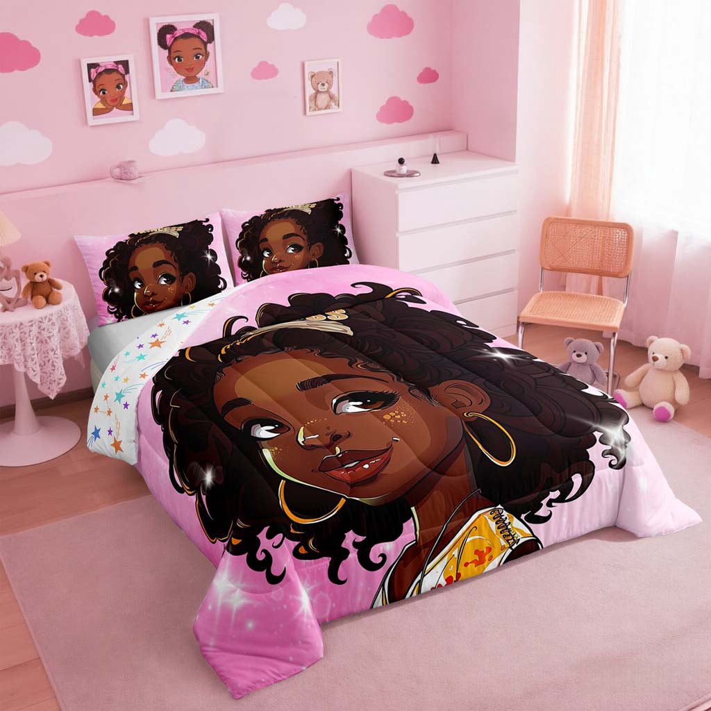 Black Princess Bedding Set American African Full Size Comforter Set Glitter Pink Black Bed Comforter Sets Teen Reversible Colorful Stars Quilt Set