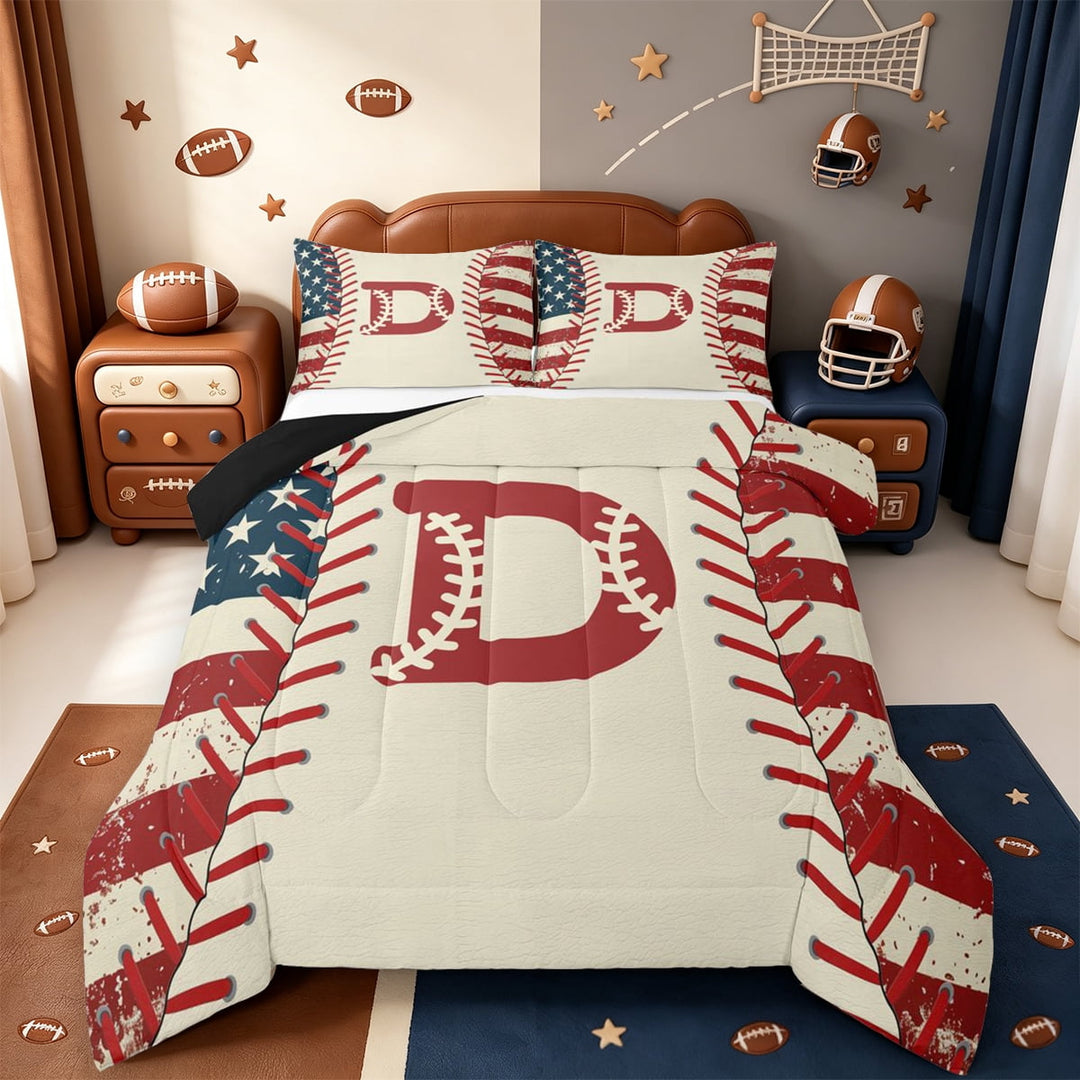 jejeloiu Red Monogrammed D Twin Comforter Sets,Boys Ball Games Bedding Set For Baseball Boys Reversible 2-Piece