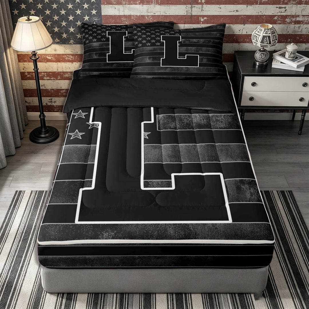 Meiyoeat Distressed US Flag Letter L Zipper Full Size Comforter Sets with Fitted Sheet and 2 Pillowcases for Men Boys, Patriotic Initial Zipper Bedding Set, Black Gray White,4pcs,Black Reversible