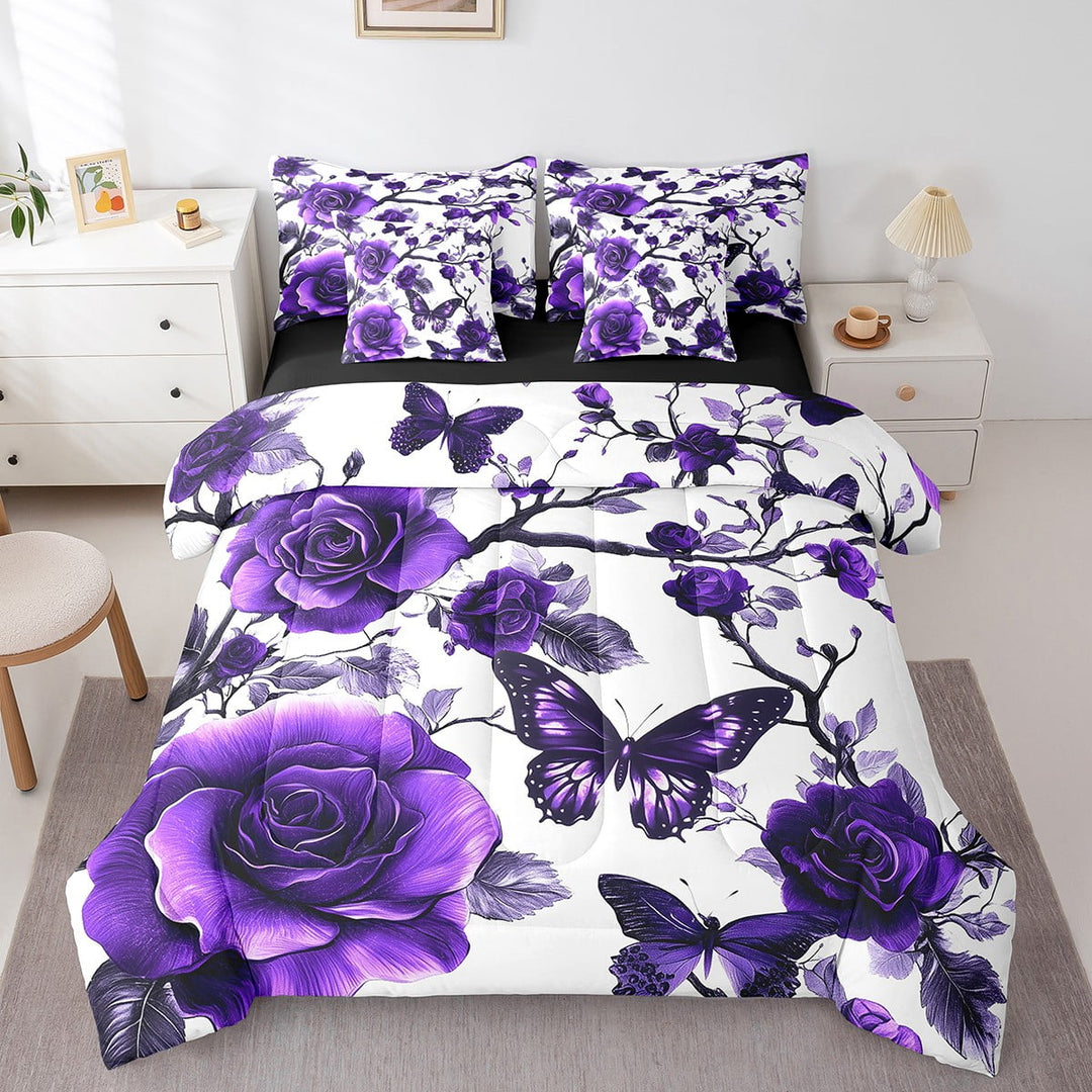 Erosebridal Purple Rose Bedding Sets Queen Size, Dreamy Butterfly Comforter Sets with Sheets, Vintage Romantic Reversible Bedding Queen Size, Super Cozy Bedroom Decoration, 7pcs