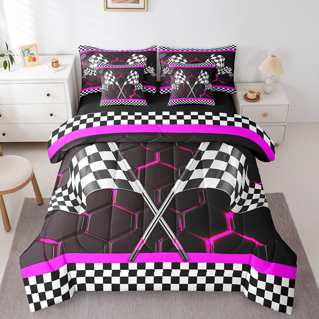 Erosebridal Racing Car Bedding Twin Size, Checkered Flag Bedding Sets Twin Size, Honeycomb Geometric Decor, Reversible 7pcs