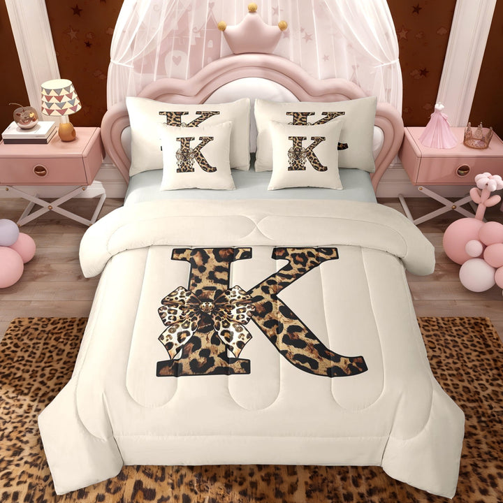 Erosebridal Black Brown Cheetah Print Bowknot Twin Bedding Sets 7-Piece For Girls,Teens Boys Letter Monogrammed K Bedding Comforter Set,Grey Reversible