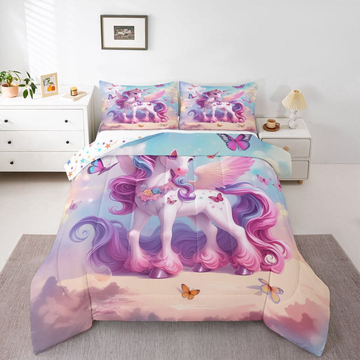 Erosebridal Pink Animal Unicorn Full Size Comforter Sets 3 Pieces For Girls Boys,Kids Flying Butterflies Bedding Sets,Microfiber Bedroom Decor