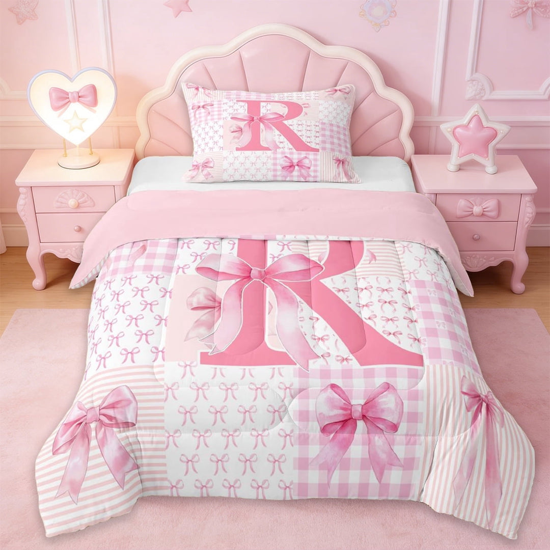 Erosebridal Dreamy Princess Bowtie Twin Comforter Sets,Pink Letter R Monogrammed Bedding Set For Girls Kids,Pink Reversible,2pcs