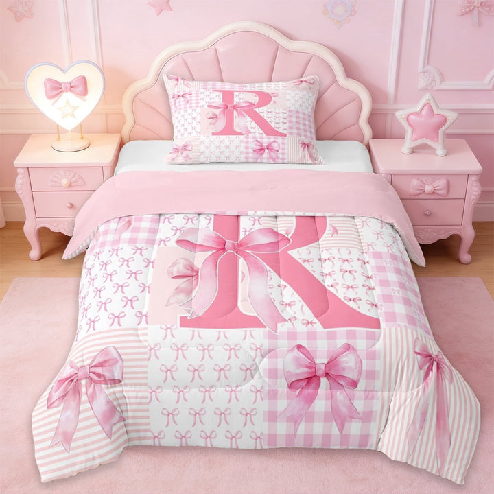 Erosebridal Dreamy Princess Bowtie Twin Comforter Sets,Pink Letter R Monogrammed Bedding Set For Girls Kids,Pink Reversible,2pcs