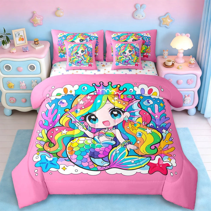 Erosebridal Cartoon Kawaii Mermaid 7-Piece Twin Bedding Sets,Cute Rainbow Coral Starfish Bedding Comforter Set For Girly,Reversible