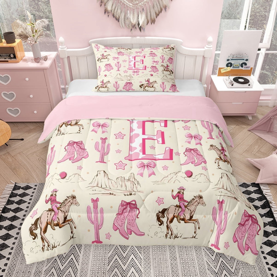 Erosebridal Western Cowgirl Twin Comforter Sets for Girls, Monogrammed E Bedding Set, Pink Reversible, 1 Comforter and 1 Pillowcase