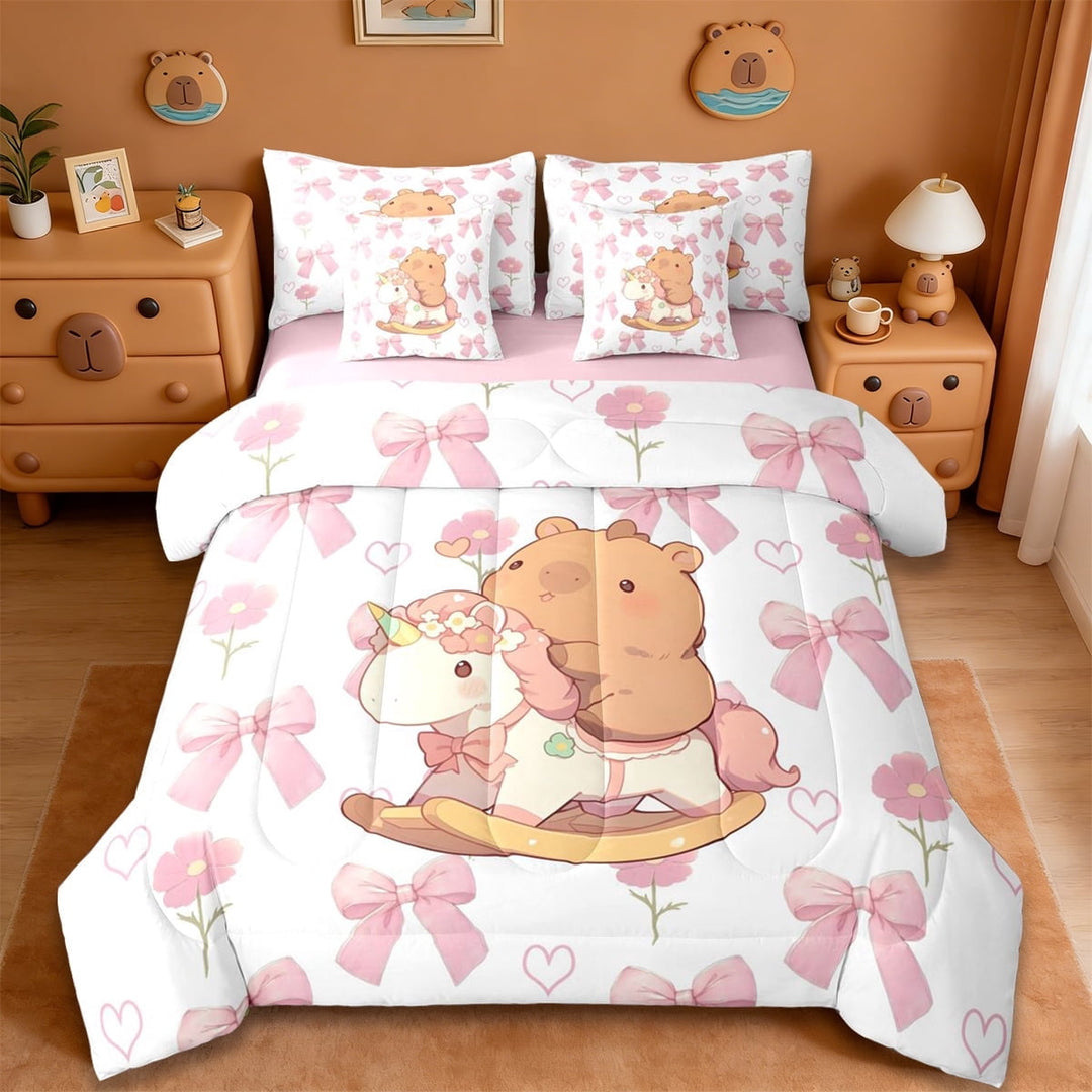 Erosebridal Cute Capybara Unicorn 7-Piece Twin Bedding Sets,Pink Bowknot Kawaii Floral Bedding Comforter Set For Girls Kids ,Reversible Pink