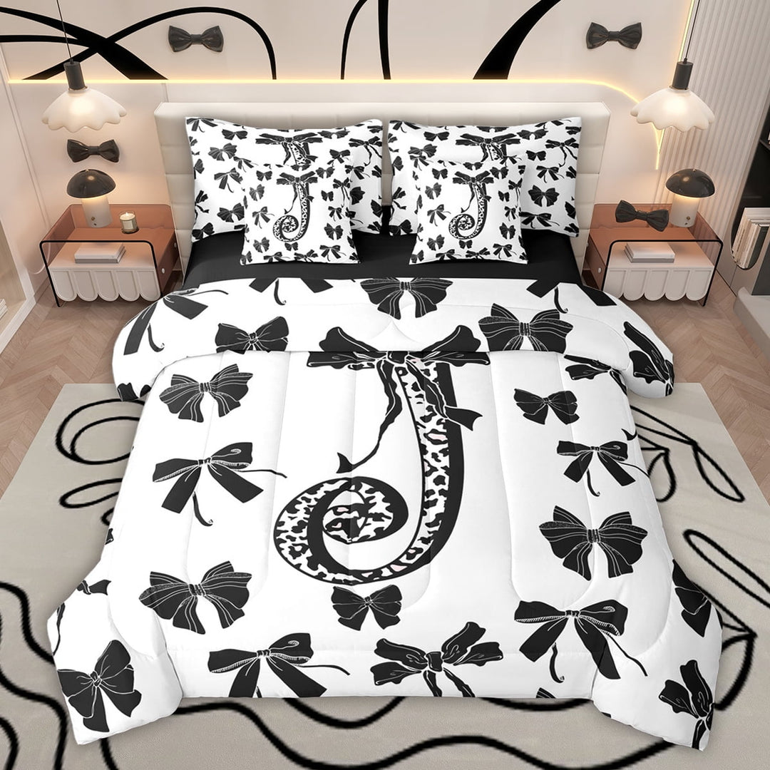 Feelyou Leopard Print Letter Twin Bedding Sets 7-Piece, Fashion Bowknot Monogrammed J Bedding Comforter Set, Cool Girl Ribbon Reversible Sheet Sets, Luxury Bedroom Decor