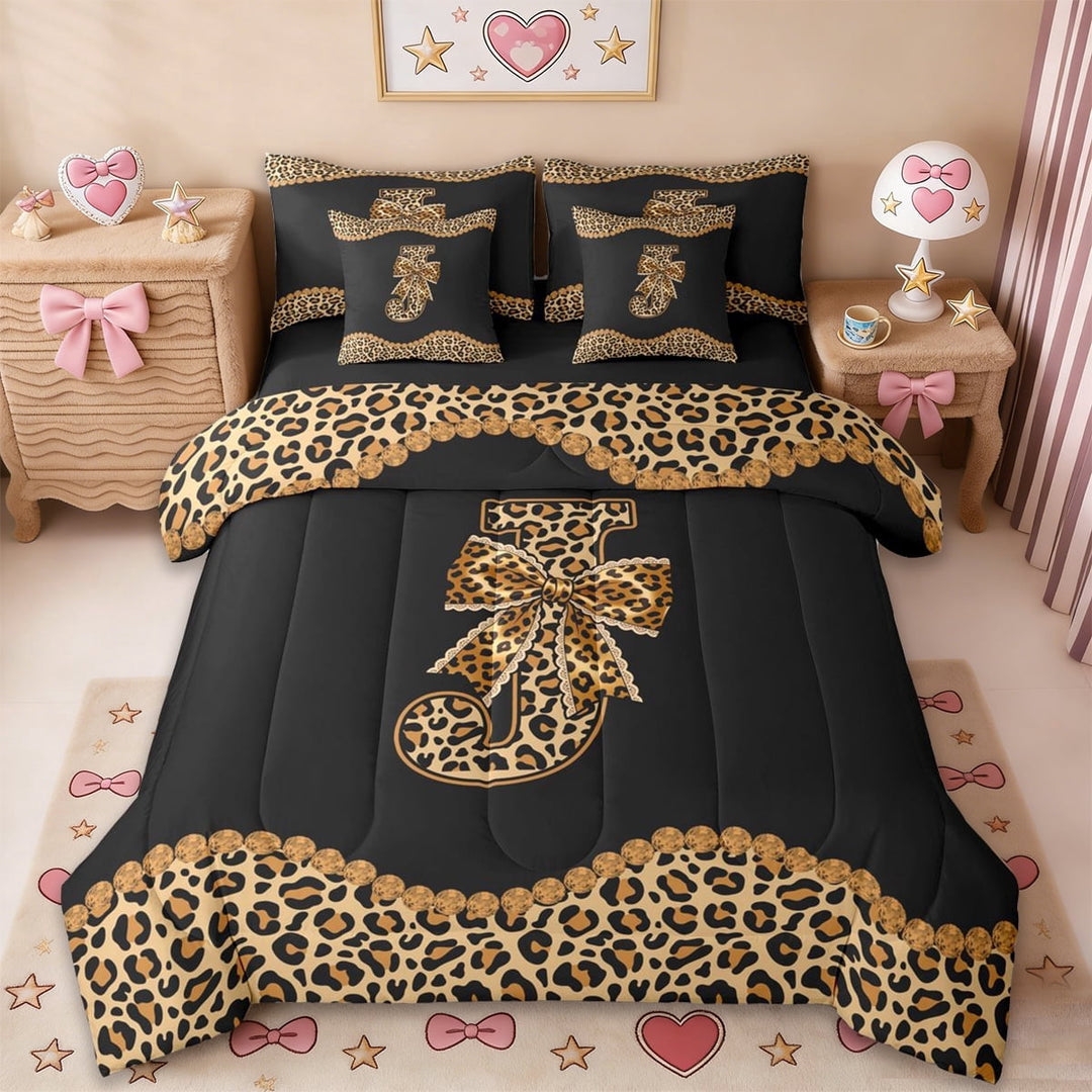 Erosebridal Wild Leopard Print 7-Piece Twin Bedding Sets,Cheetah Bows Theme First Letter J Kids Bedding Comforter Set For Girly,Black Reversible