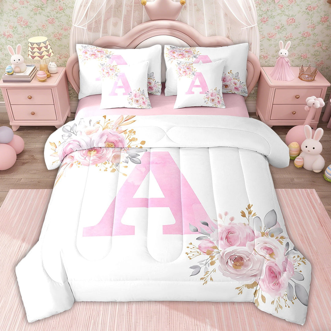 Erosebridal Initial Letter A Bedding Full Size, Romantic Rose Bed in a Bag Full size, Girly Fairy Decor, Reversible 7-Piece