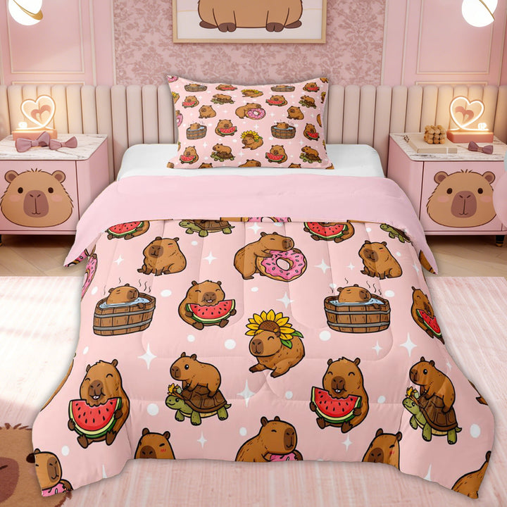 Erosebridal Donut Capybara Twin Comforter Sets for Kid, Stars Print Bedding Set, 2 Pieces, Pink Reversible