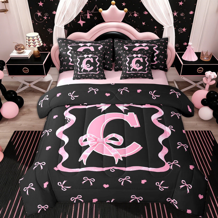 Erosebridal Girls Bow C Letter Twin Bedding Sets 7-Piece, Watercolor Love Heart Bedding Comforter Set