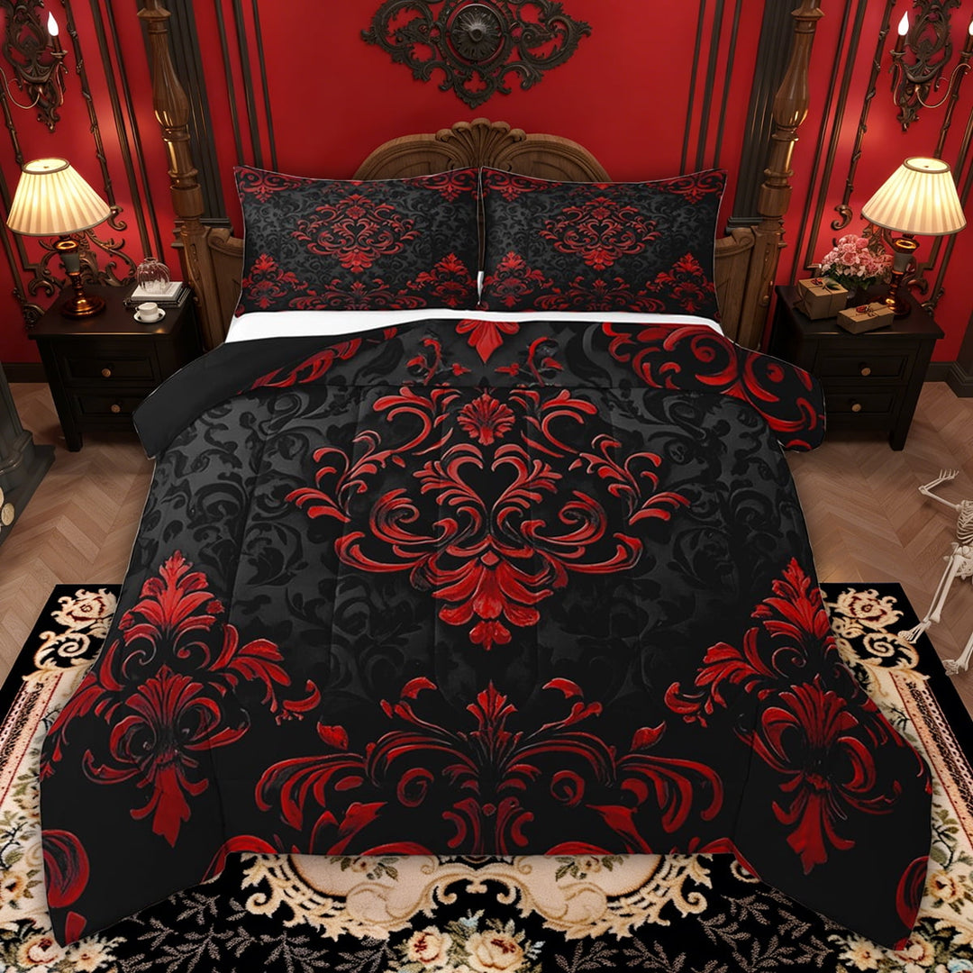 Manfei Victorian Damask Bedding Sets Full with Comforter, Vintage Baroque Floral Duvet Insert, Black Red Comforter Sets Full Size, Breathable Bedroom Decor, 3pcs Reversible