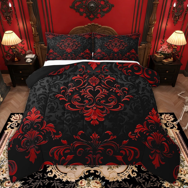 Manfei Victorian Damask Bedding Sets Full with Comforter, Vintage Baroque Floral Duvet Insert, Black Red Comforter Sets Full Size, Breathable Bedroom Decor, 3pcs Reversible