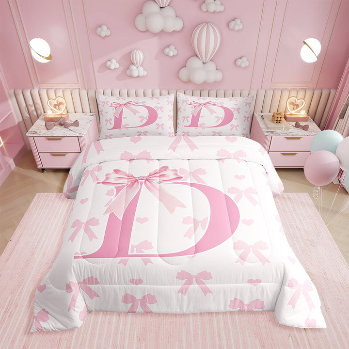 Pink Bow Comforter Set,Initial Letter D Chic Romantic Bedding Set Teens Bedroom,Princess Style Bowknot Love Hearts Girly Fairy Quilt Set,Kawaii Pink 2 Pcs with 1 Pillowcase,Twin