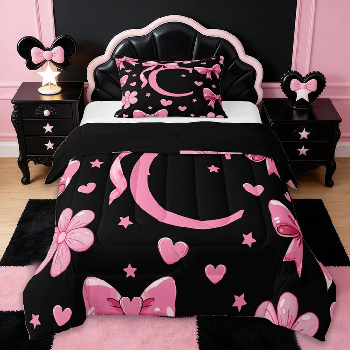 Erosebridal Personalized Initial Gifts Twin Comforter Sets For Girls Kids,Pink Bowtie Alphabet C Bedding Set,Reversible black,2 Pieces