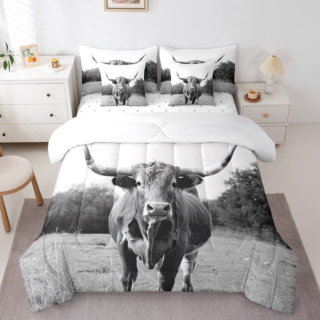 Longhorn Cow Bed in a Bag King Size Comforter Set 7 Pieces,Western Farm Animals Black and White Grey Bedding Sets Farmhouse Bull Cattle Sheet Set with Comforter