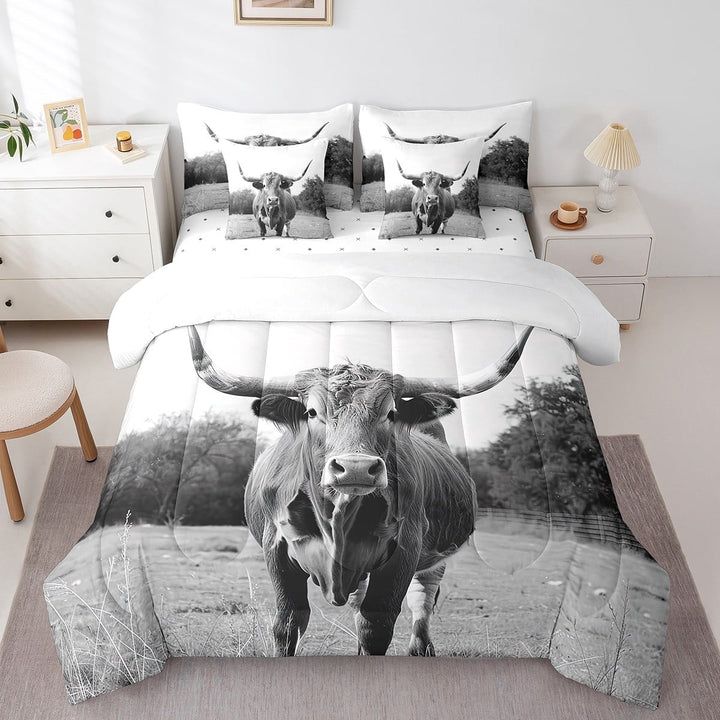Longhorn Cow Bed in a Bag King Size Comforter Set 7 Pieces,Western Farm Animals Black and White Grey Bedding Sets Farmhouse Bull Cattle Sheet Set with Comforter