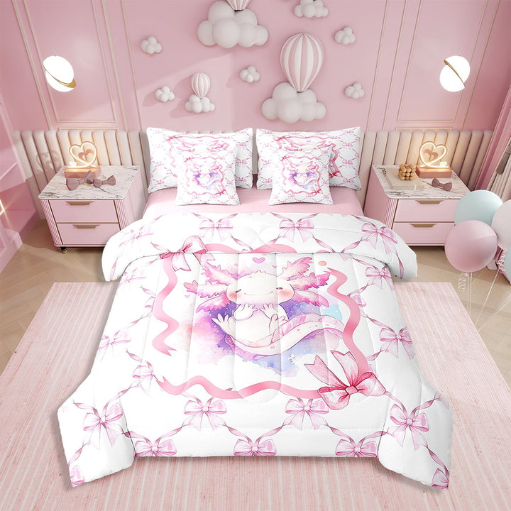 Erosebridal Kawaii Bowknot 7 Pieces Bedding Set Pink Animal Twin Comforter Set with Sheets Room Decor Bow Knot Bed in a Bag Cute Princess Bed Set