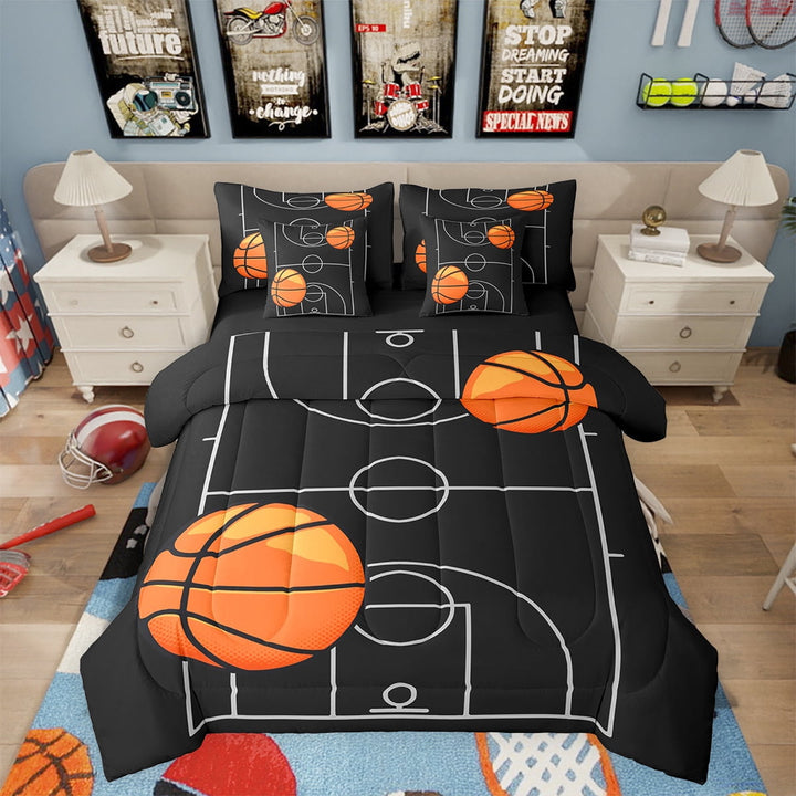 Erosebridal 7 Piece Basketball Bedding in a Bag Sets Twin Size, Sports Bed in a Bag Basketball Game Themed Comforter Set with Sheets Basketball Field Print Bed Set Kids Boys Sports Game Sheets