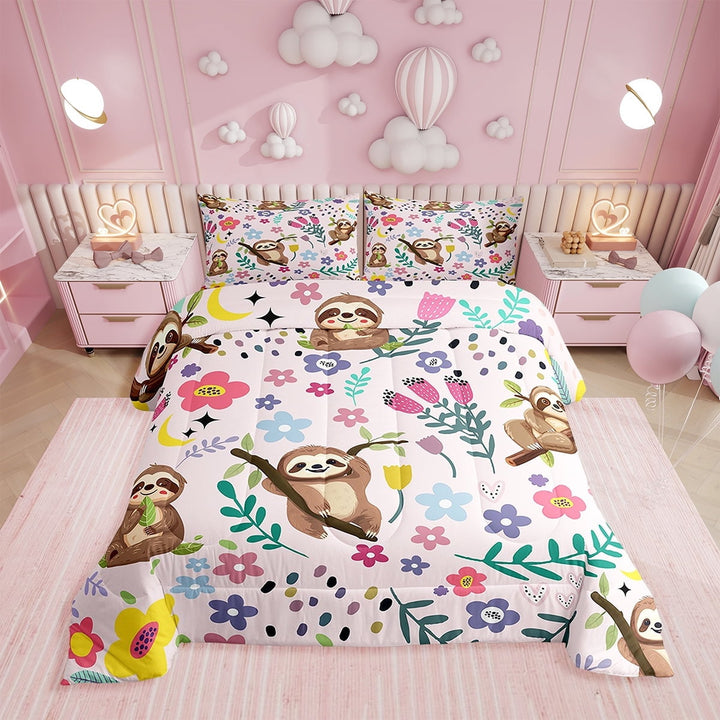 Cute Sloth Comforter Set ,Cartoon Animal Bedding Full Size,Kawaii Sloth Comforter,Botanical Floral Leaves Tulip Garden Bed Sets with 2 Pillowcases,Reversible