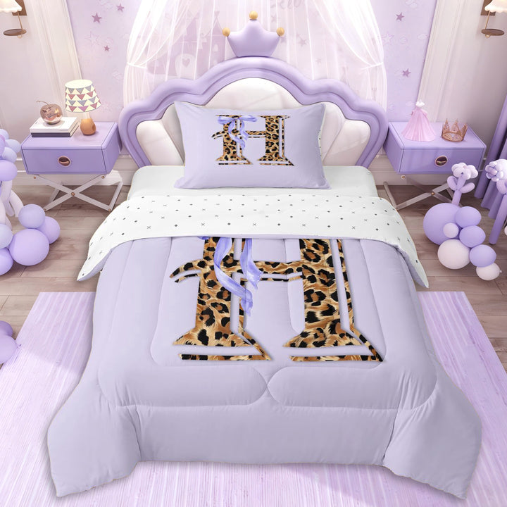 Erosebridal Purple Bowknot Letter Monogrammed H Twin Comforter Sets 3-Piece For Girls,Teens Animal Leopard Print Bedding Set,Breathable Home Decor