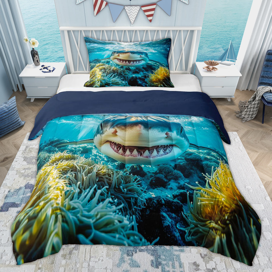 Erosebridal Marine Sharks Kids Twin Comforter Sets, Ocean Wildlife Bedding Set, Blue Reversible, 2-Piece