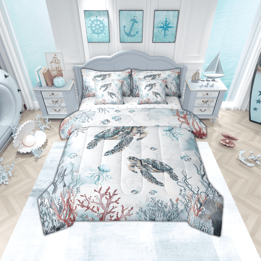 Sea Turtle Coastal Bed in a Bag Queen Comforter Set 7 Piece,Blue Ocean Coral Nautical Bedding Set Jellyfish Sheet Sets with Comforter Beach Bed Set,Kawaii Tortoise Room Decor
