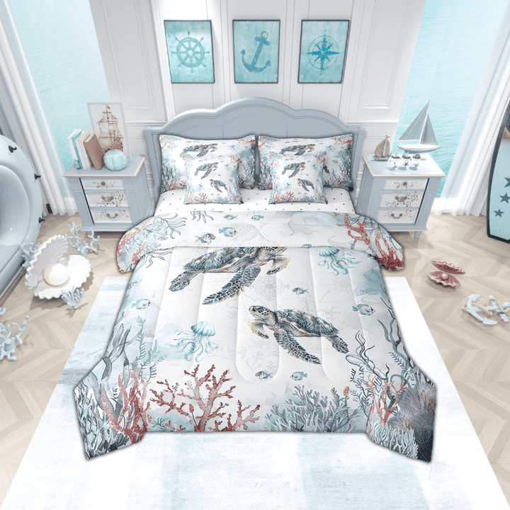 Sea Turtle Coastal Bed in a Bag Queen Comforter Set 7 Piece,Blue Ocean Coral Nautical Bedding Set Jellyfish Sheet Sets with Comforter Beach Bed Set,Kawaii Tortoise Room Decor