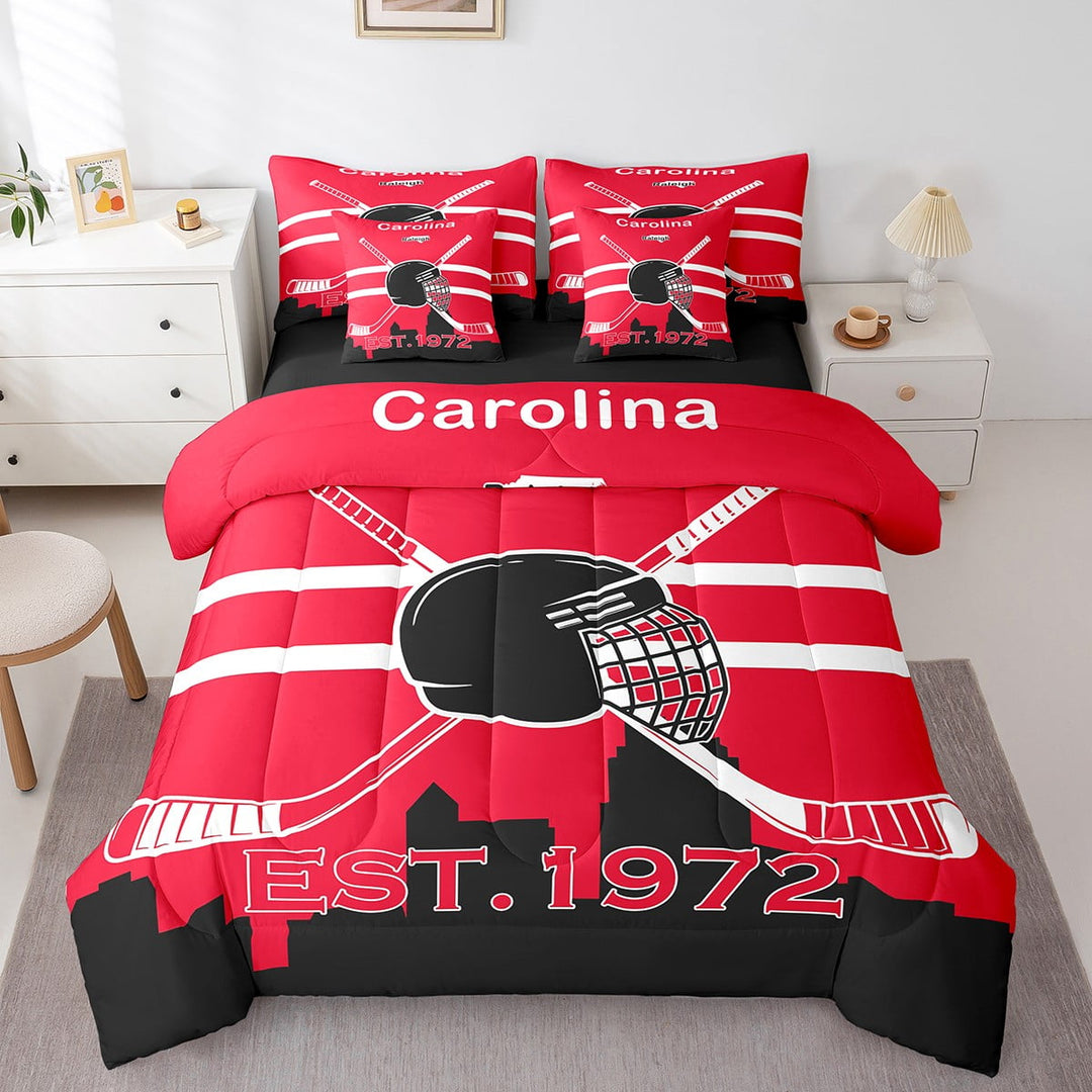 7 Piece Bed in a Bag Twin Size Comforter Set Ice Hockey Bedding Set,Hockey Reversible Design Bed Set,Winter Sports Soft Microfiber Comforter with Sheet Set,All Season,Carolina