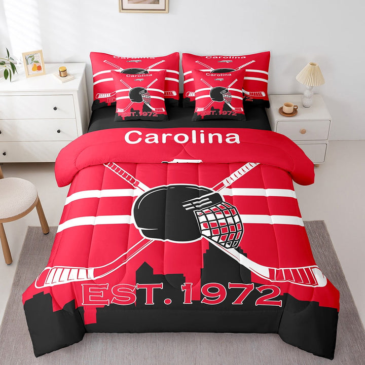7 Piece Bed in a Bag Twin Size Comforter Set Ice Hockey Bedding Set,Hockey Reversible Design Bed Set,Winter Sports Soft Microfiber Comforter with Sheet Set,All Season,Carolina