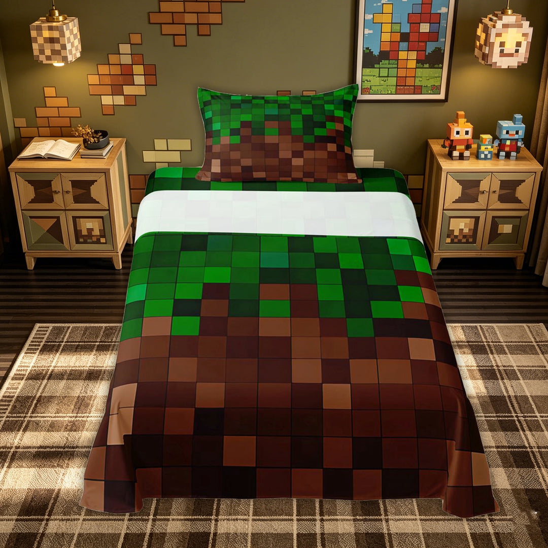 meiyoeat Pixel Grid Miners Bed Sheets for Kids, Gaming Pixelated Blocks Full Size Sheets for Dorm, Green Brown, 4 Pieces