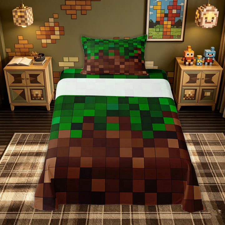 meiyoeat Pixel Grid Miners Bed Sheets for Kids, Gaming Pixelated Blocks Full Size Sheets for Dorm, Green Brown, 4 Pieces