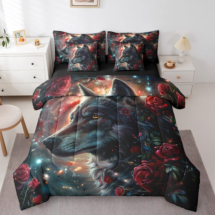 Galaxy Wolf Comforter Set 7 Piece Bed in a Bag Twin,Red Rose Bedding Sets,American Animals Sheet Set with Comforter Woodland Wildlife Bed Set,Bohemian Flowers Room Decor