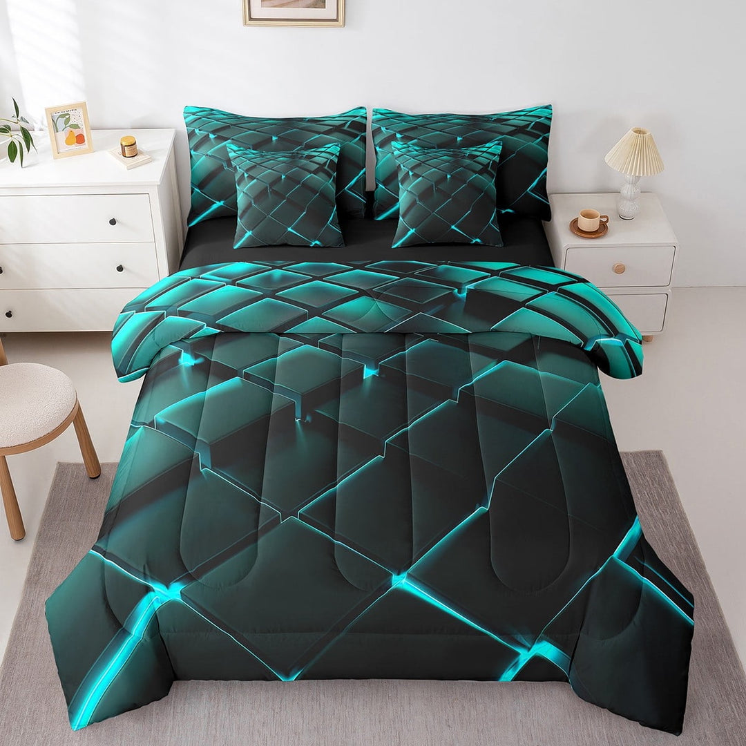 7 Piece Teal Geometric Bed in a Bag Black Honeycomb Print Bedding Set with Comforter King, Modern Abstract Plaid Bed Set Square Pattern Fitted Sheet Beehive Geometrical Cushiom Covers