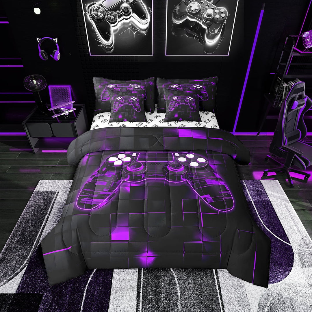 Gaming Twin Bed in a Bag Teens Game Bedding Set, Gamer Comforter Set Game Bedroom Decor,Glowing Neon Gamepad Fitted Sheet Geometric Reversible Flat Sheet,Purple 7 Piece