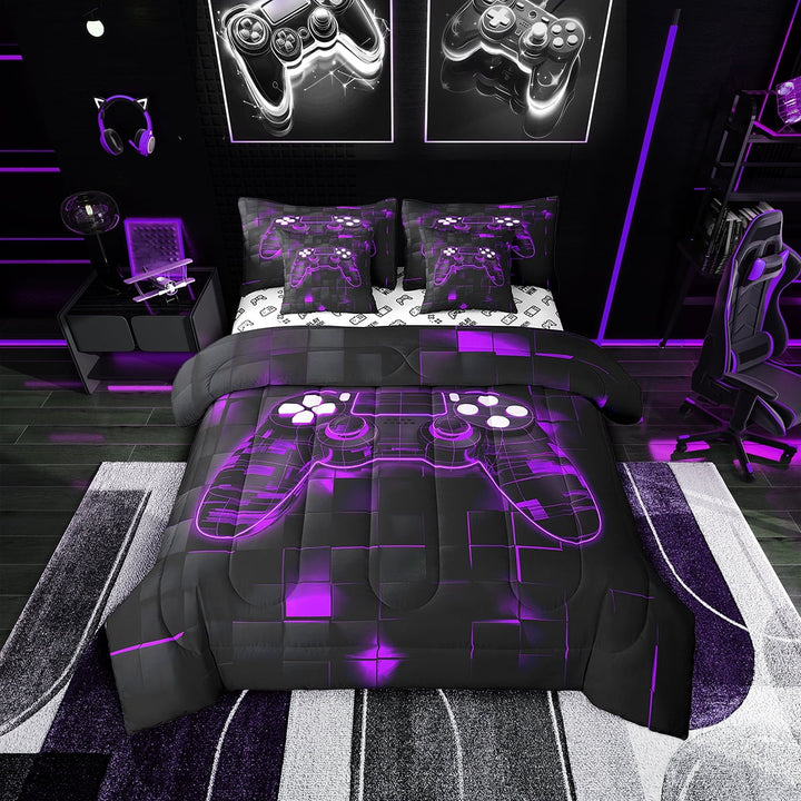 Gaming Twin Bed in a Bag Teens Game Bedding Set, Gamer Comforter Set Game Bedroom Decor,Glowing Neon Gamepad Fitted Sheet Geometric Reversible Flat Sheet,Purple 7 Piece