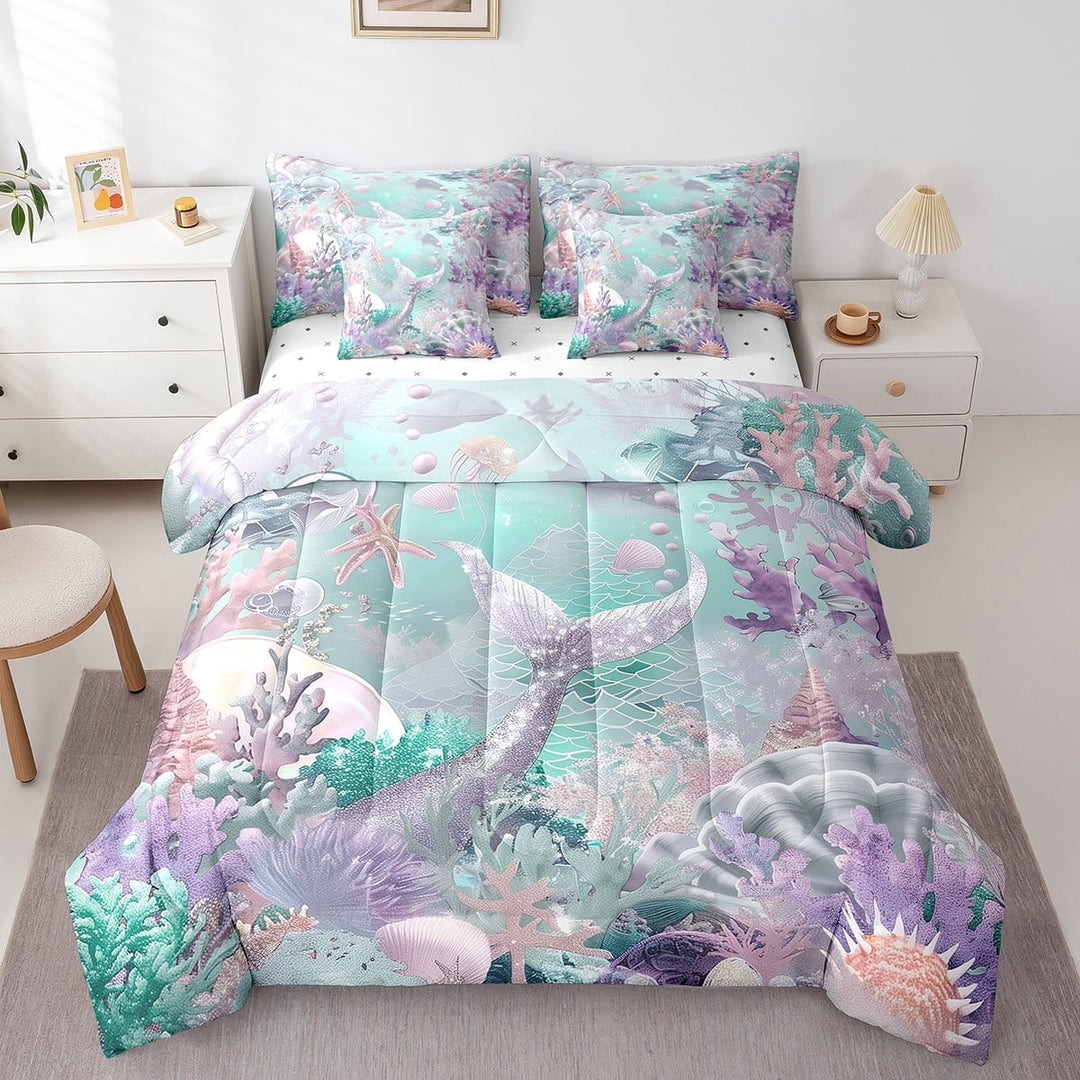 Ocean Comforter Set 7 Piece Bed in a Bag Twin,Sliver Purple Mermaid Tail Bedding Set Nautical Sea Animal Sheet Sets with Comforter Starfish Coral Bed Set,Dreamy Princess Room Decor